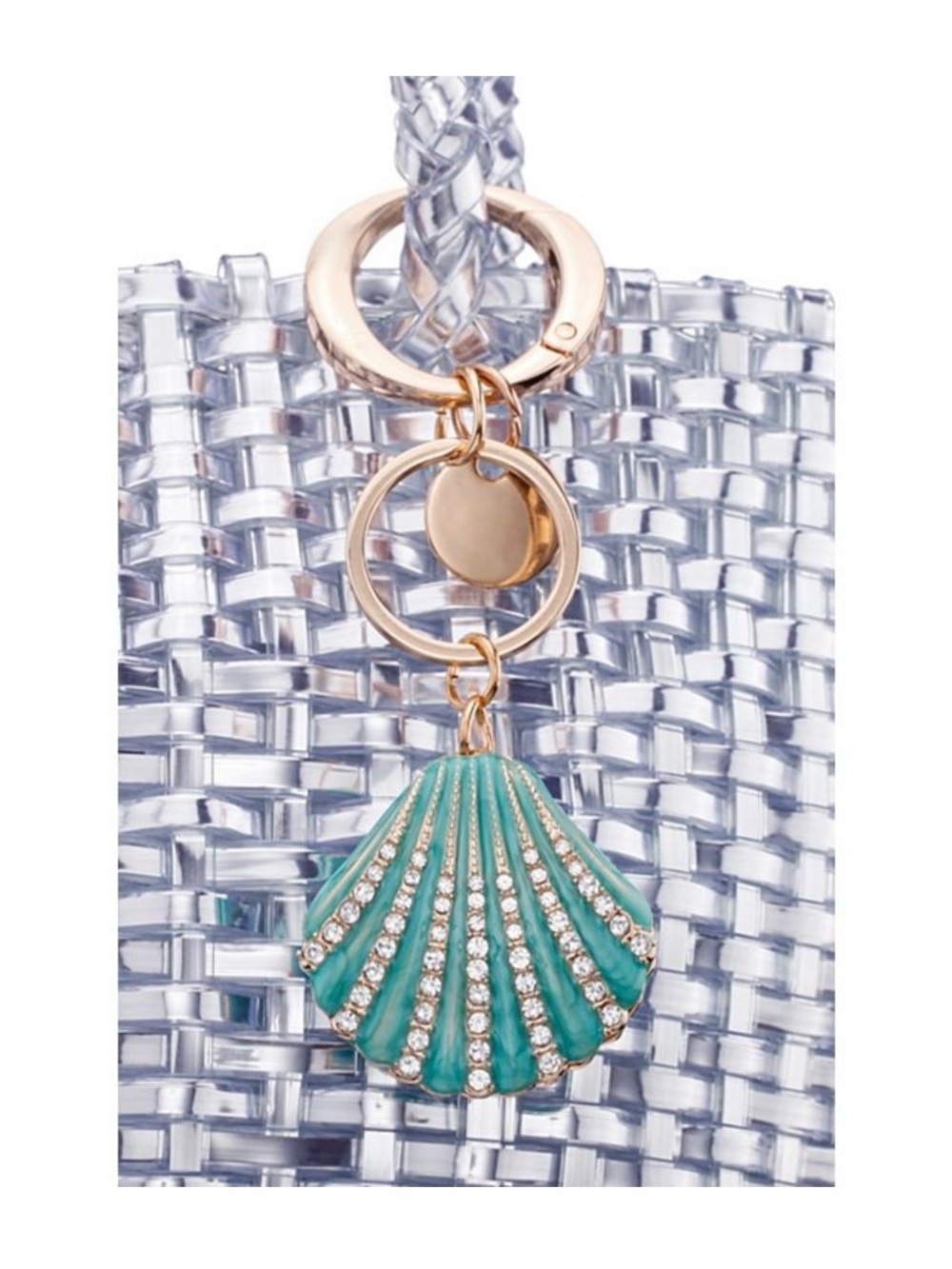 Turquoise Shell Keychain Bag Charm with Rhinestones - Picture 3 of 4